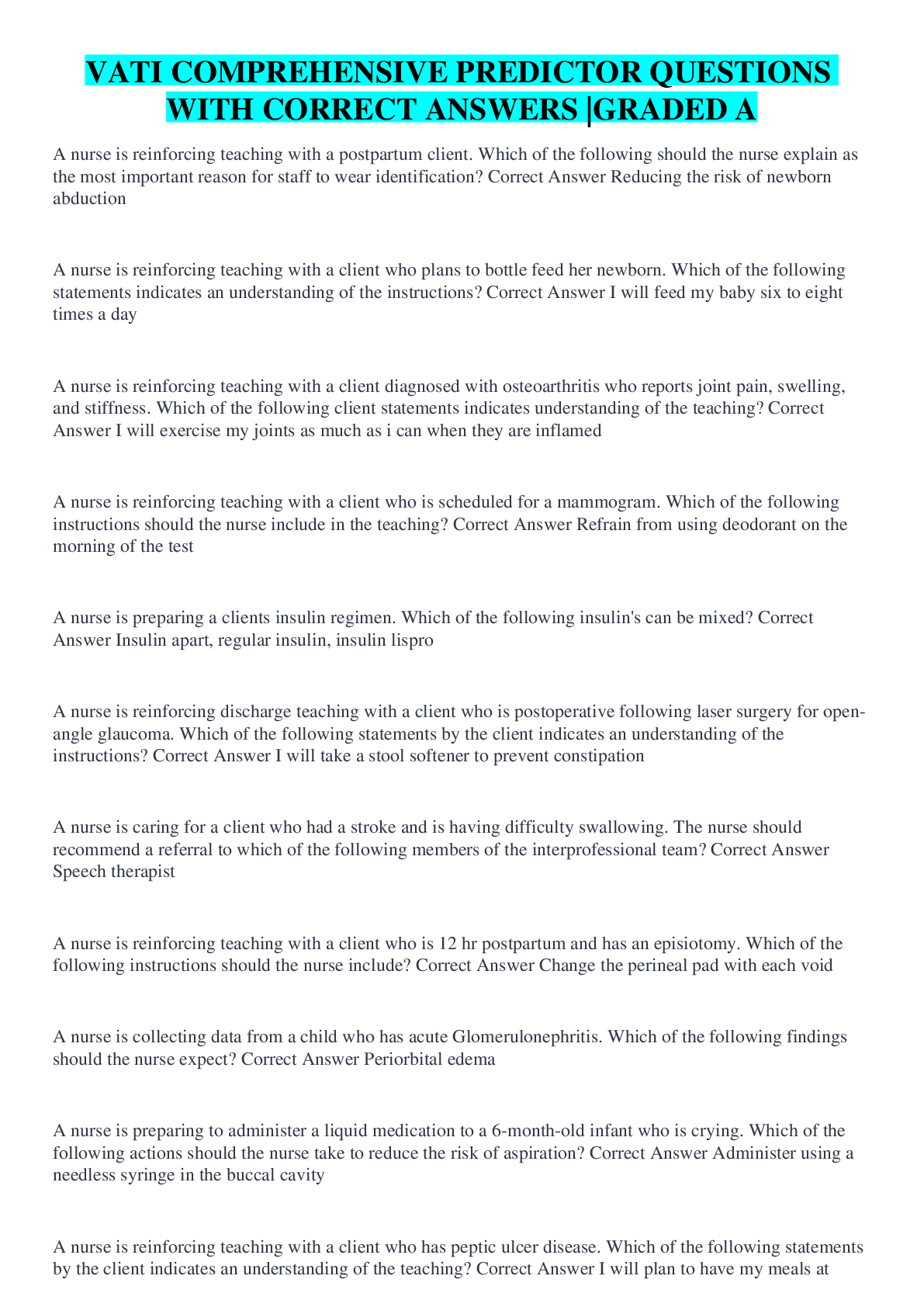 Preview image for VATI COMPREHENSIVE PREDICTOR QUESTIONS WITH CORRECT ANSWERS |GRADED A